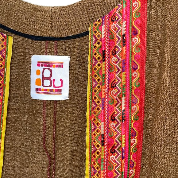 IBU Movement Embroidered Cropped Linen Brown Jacket Handmade - Picture 3 of 16